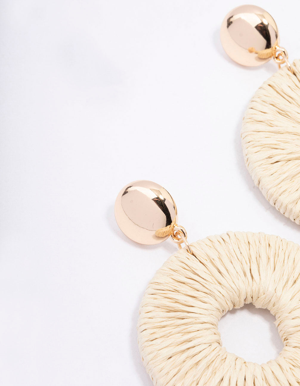 Gold Disc Raffia Circle Drop Earrings