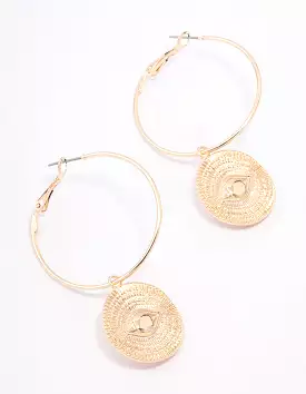 Gold Evil Eye Pendant Hoop Earrings