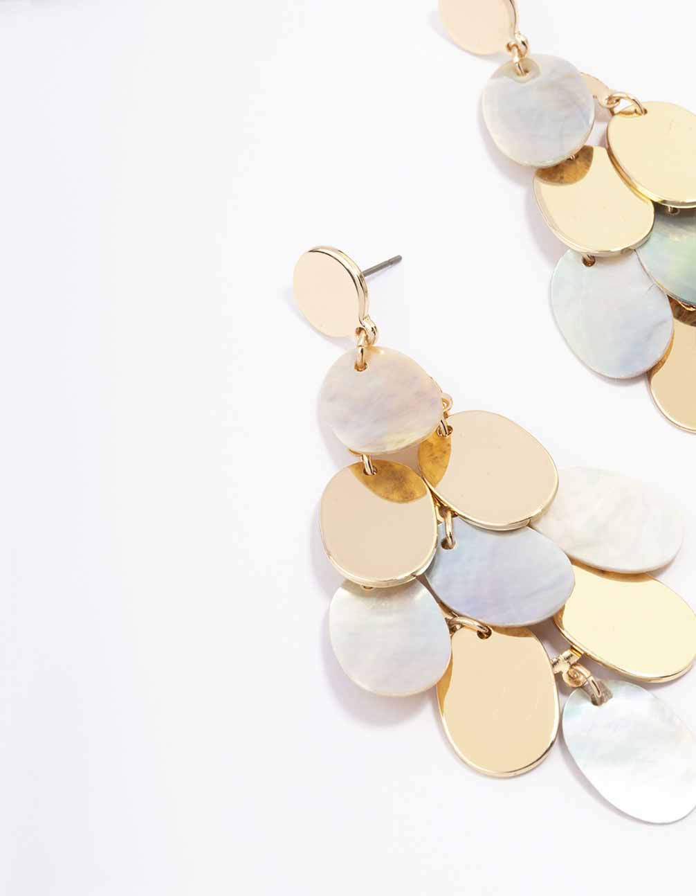 Gold Multi Shell Disc Drop Earrings