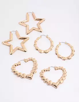 Gold Textured Star Hoop Earrings Pack