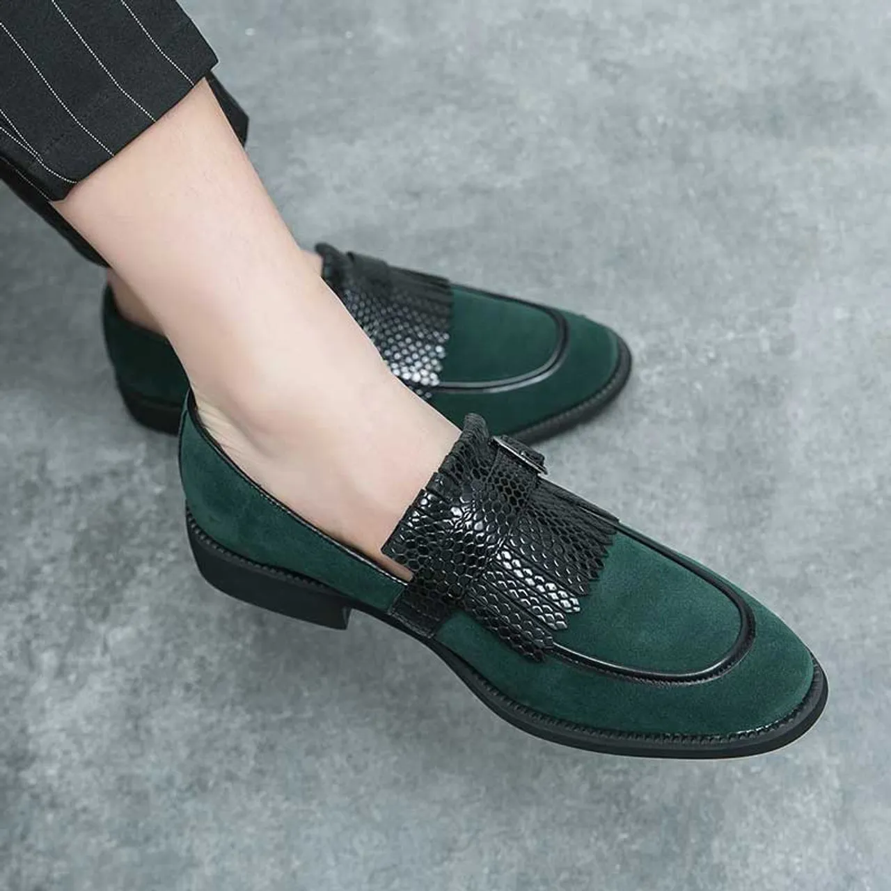 Green tassel buckle strap slip on dress shoe