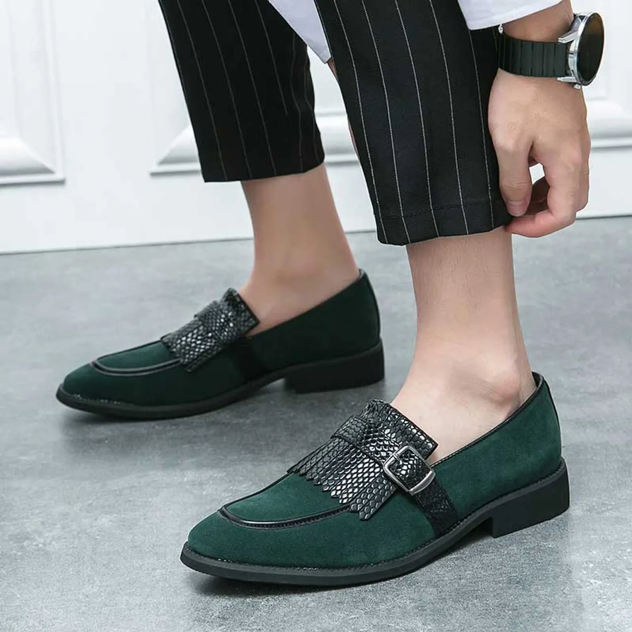 Green tassel buckle strap slip on dress shoe