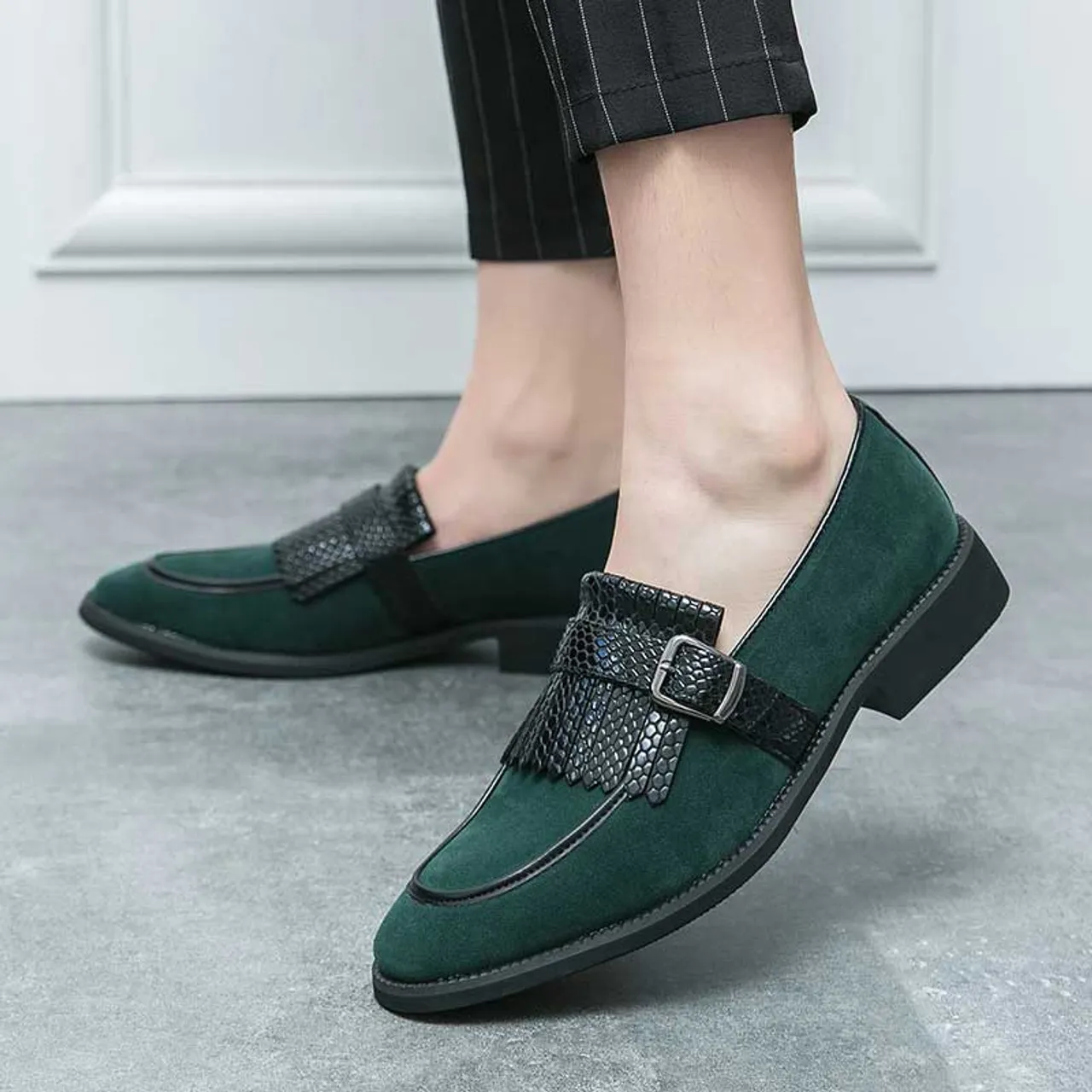 Green tassel buckle strap slip on dress shoe