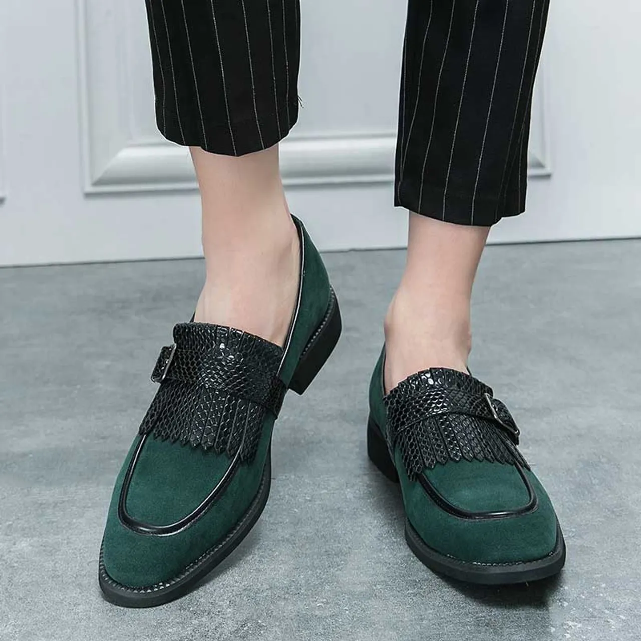 Green tassel buckle strap slip on dress shoe