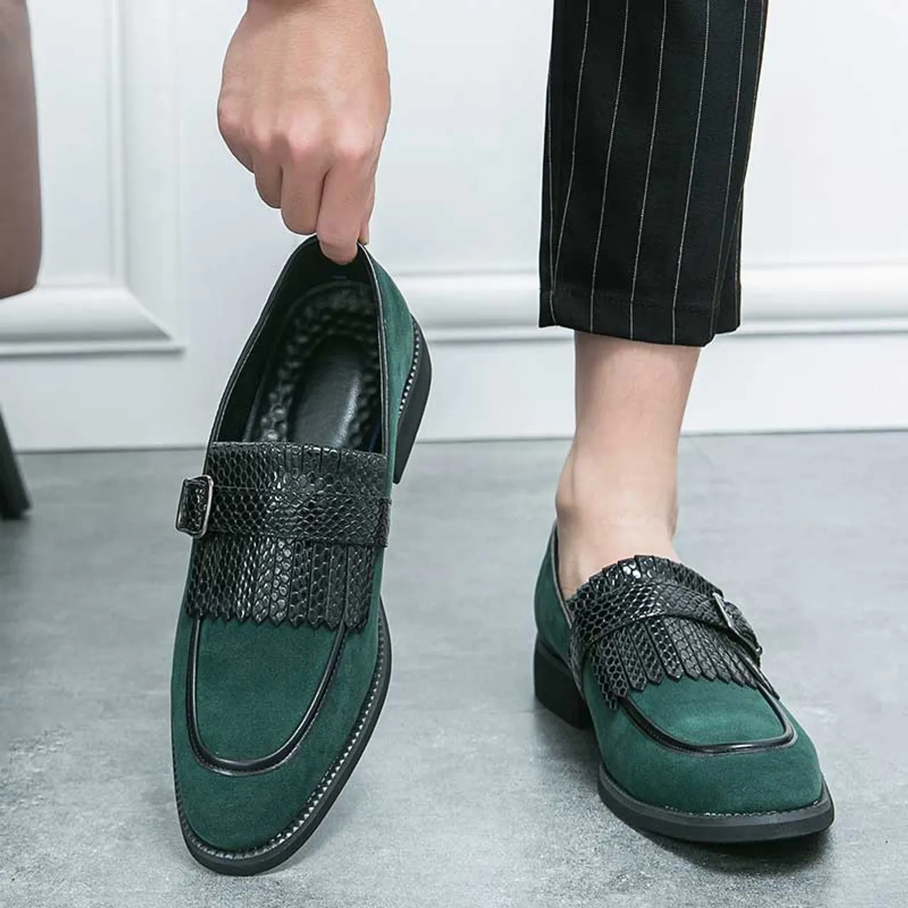 Green tassel buckle strap slip on dress shoe