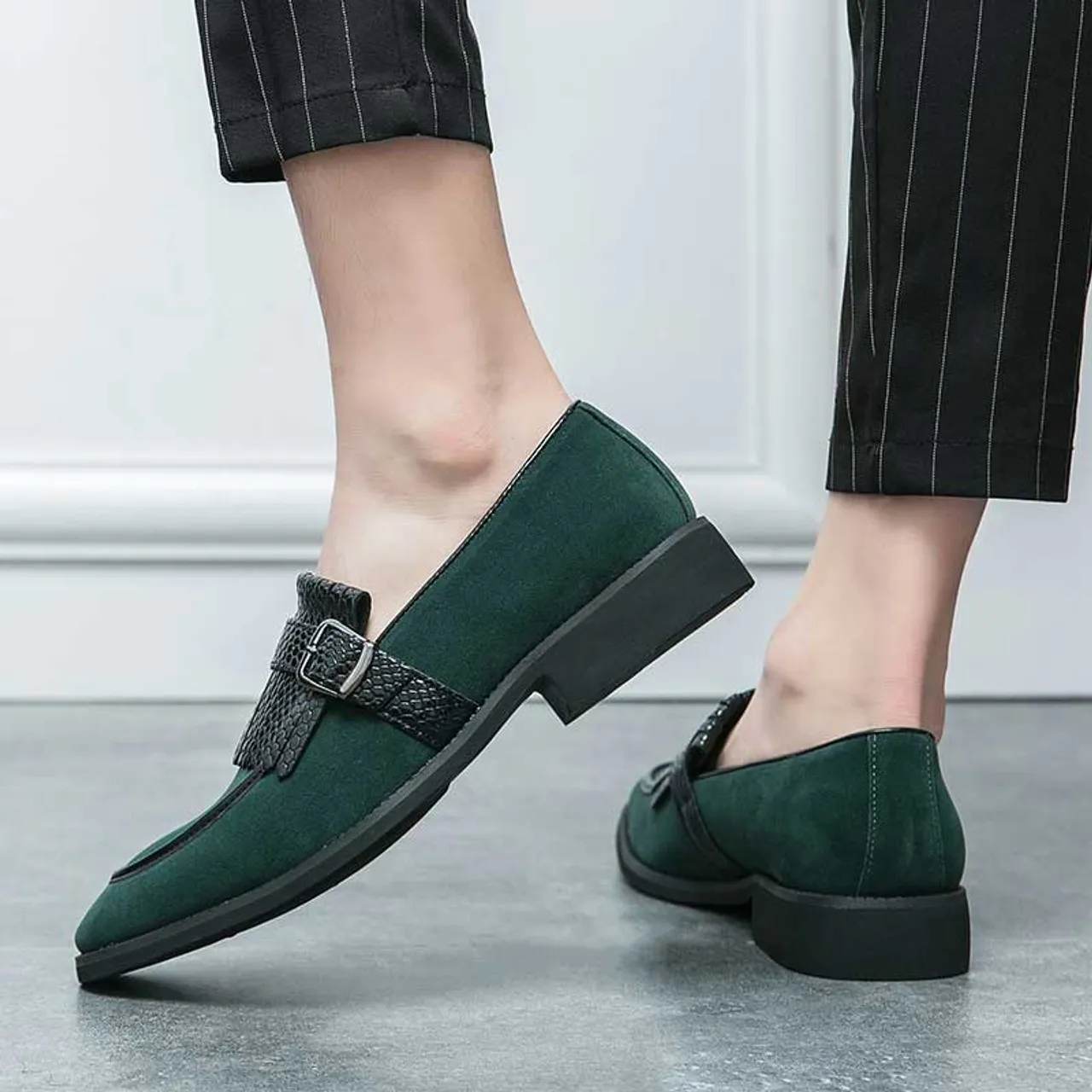 Green tassel buckle strap slip on dress shoe