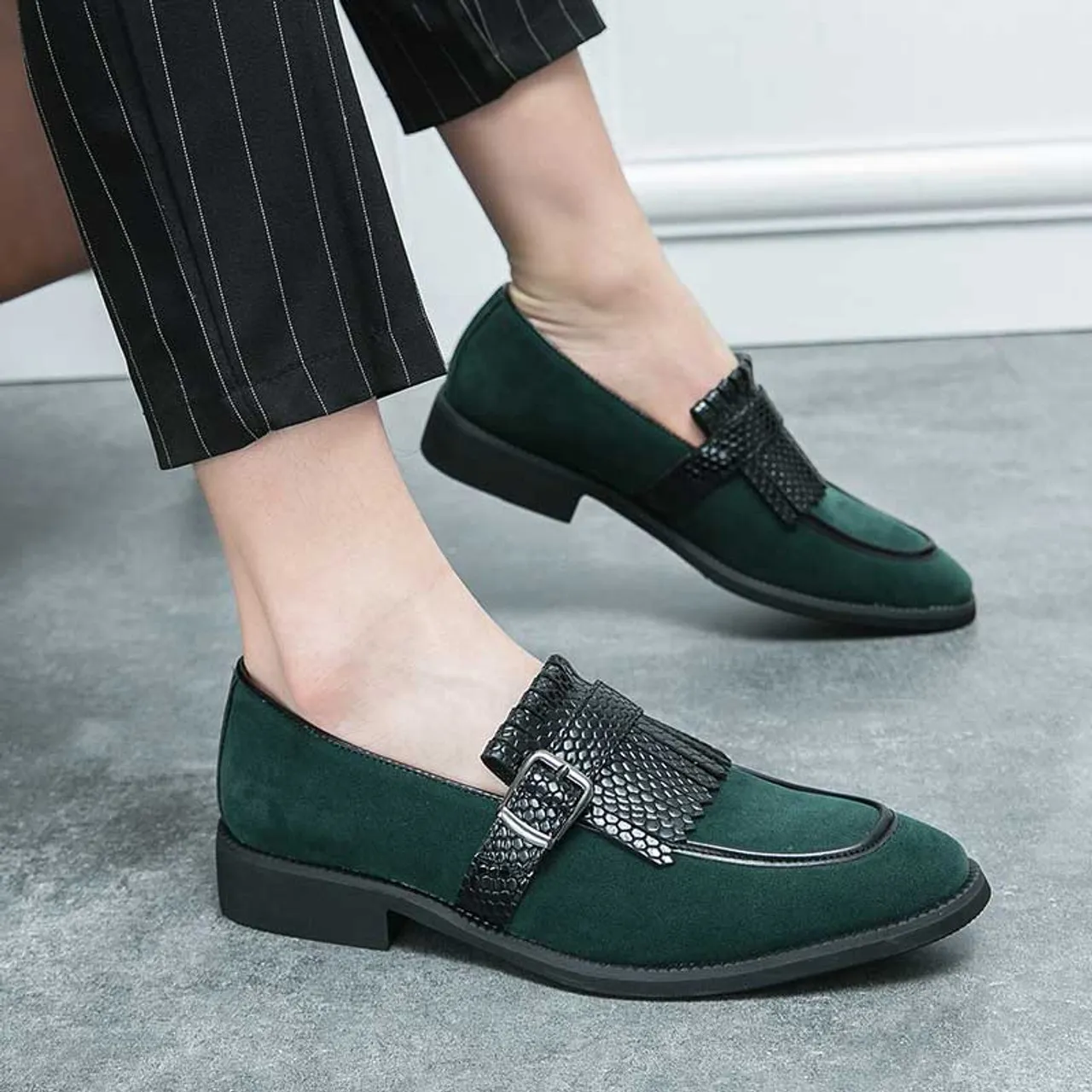 Green tassel buckle strap slip on dress shoe