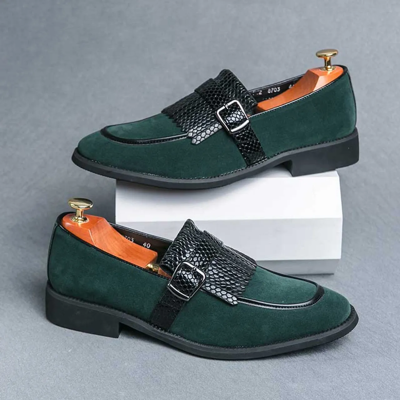 Green tassel buckle strap slip on dress shoe