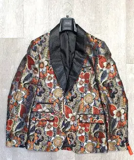 Inserch Floral Jacquard Shawl Collar Blazer  BL201-30 Red