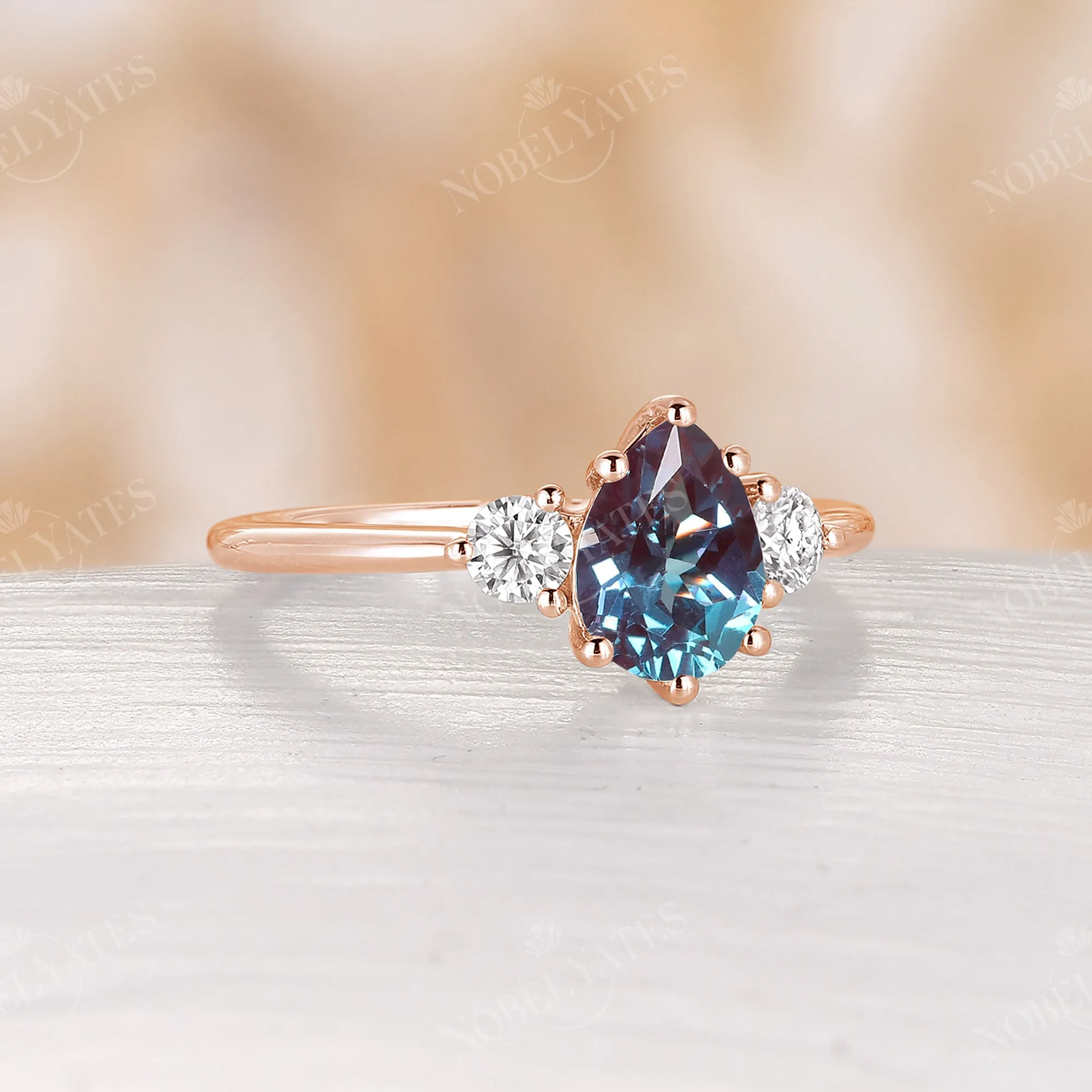 Lab Alexandrite & Moissanite Three Stones Engagement Ring Rose Gold