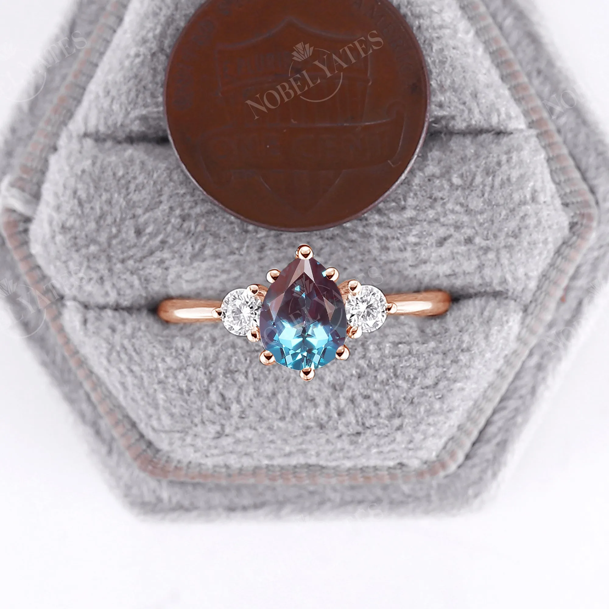 Lab Alexandrite & Moissanite Three Stones Engagement Ring Rose Gold