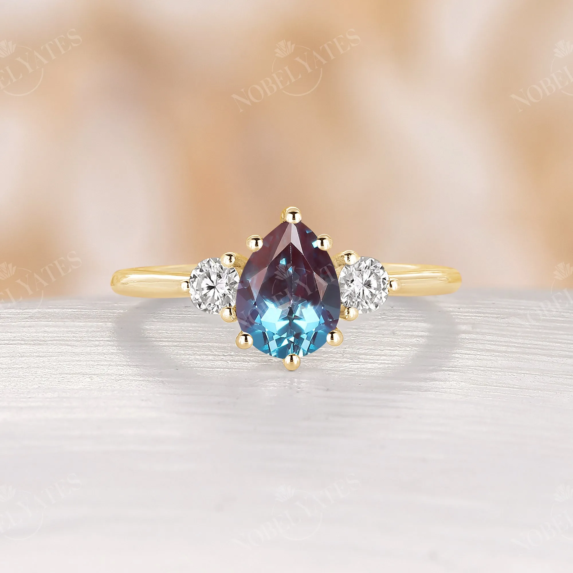 Lab Alexandrite & Moissanite Three Stones Engagement Ring Rose Gold