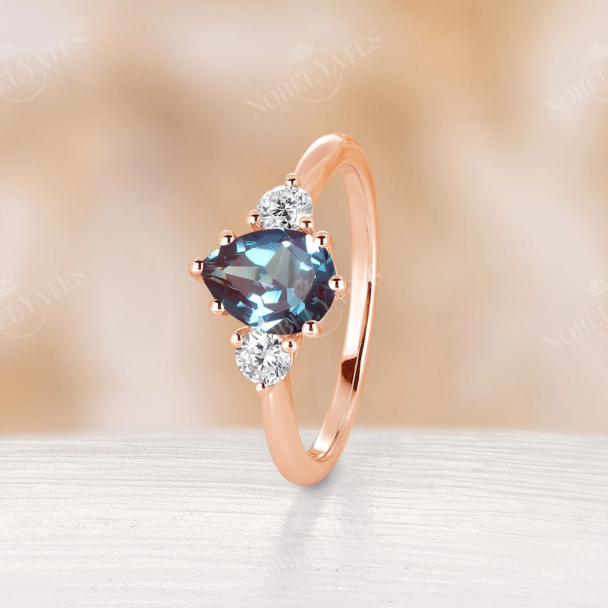 Lab Alexandrite & Moissanite Three Stones Engagement Ring Rose Gold