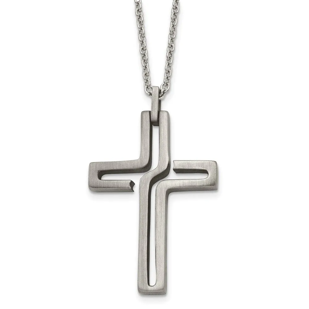 Mens Stainless Steel Brushed & Antiqued Voided Cross Necklace, 20 Inch