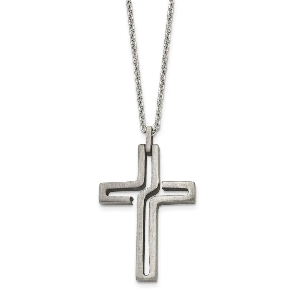 Mens Stainless Steel Brushed & Antiqued Voided Cross Necklace, 20 Inch