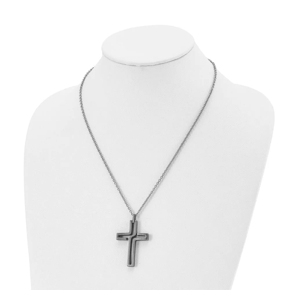 Mens Stainless Steel Brushed & Antiqued Voided Cross Necklace, 20 Inch