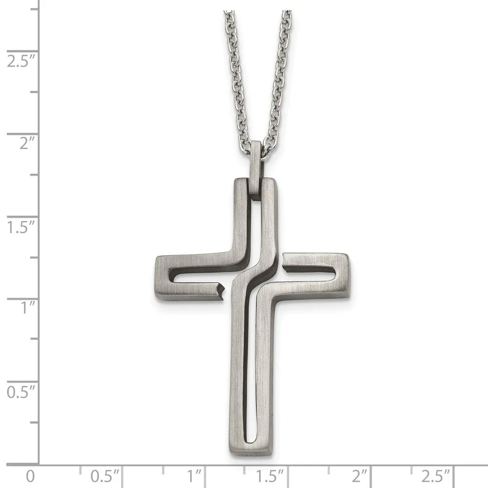 Mens Stainless Steel Brushed & Antiqued Voided Cross Necklace, 20 Inch