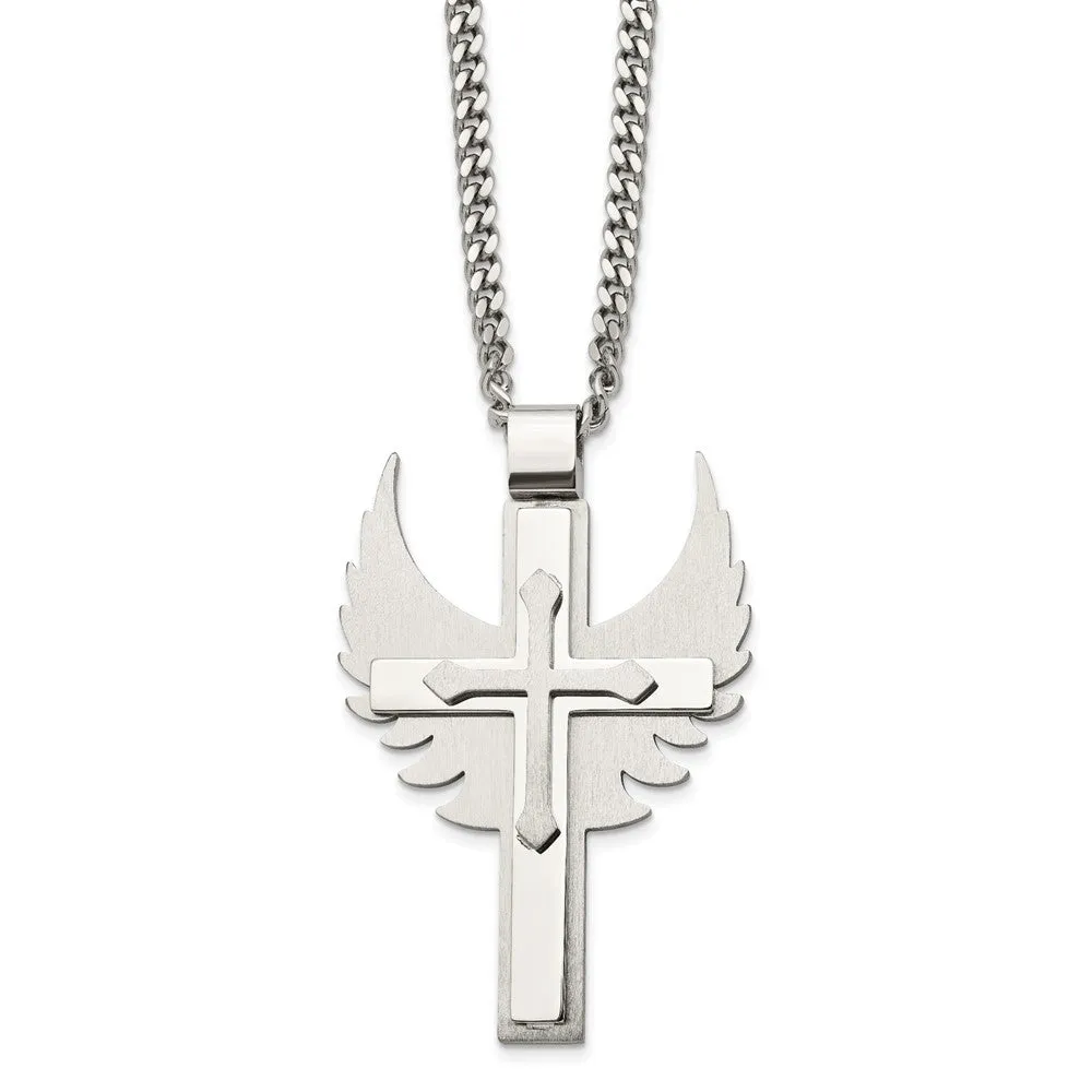 Mens Stainless Steel XL Winged Cross Necklace, 20 Inch