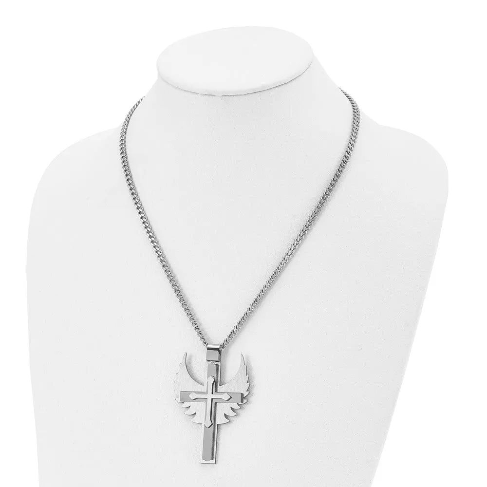 Mens Stainless Steel XL Winged Cross Necklace, 20 Inch