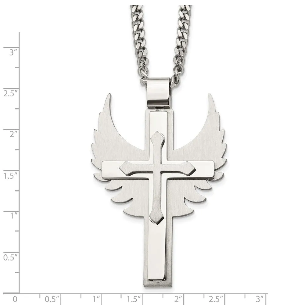 Mens Stainless Steel XL Winged Cross Necklace, 20 Inch