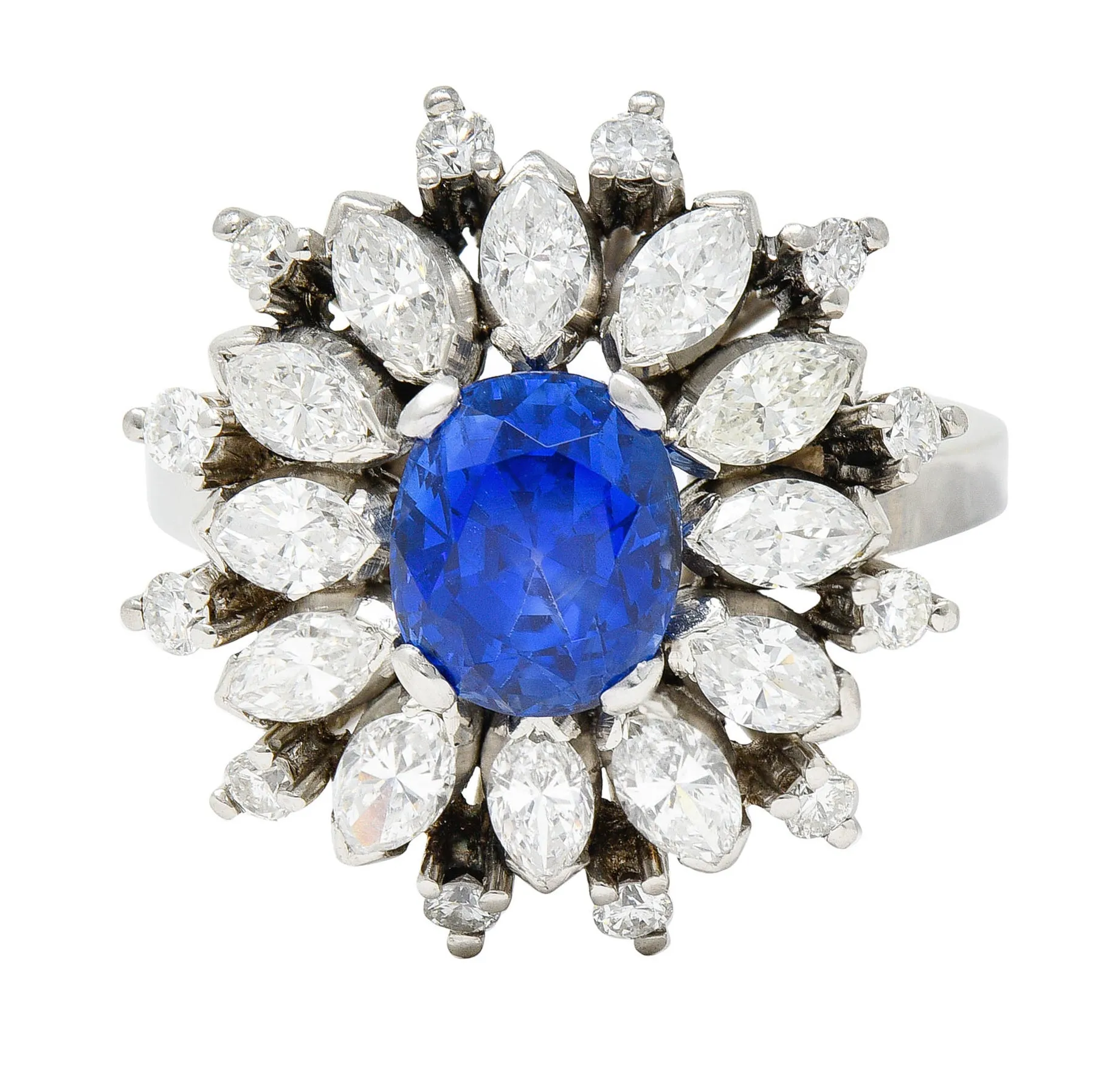 Mid-Century 3.91 CTW No Heat Ceylon Sapphire Diamond Platinum Cluster Ring GIA