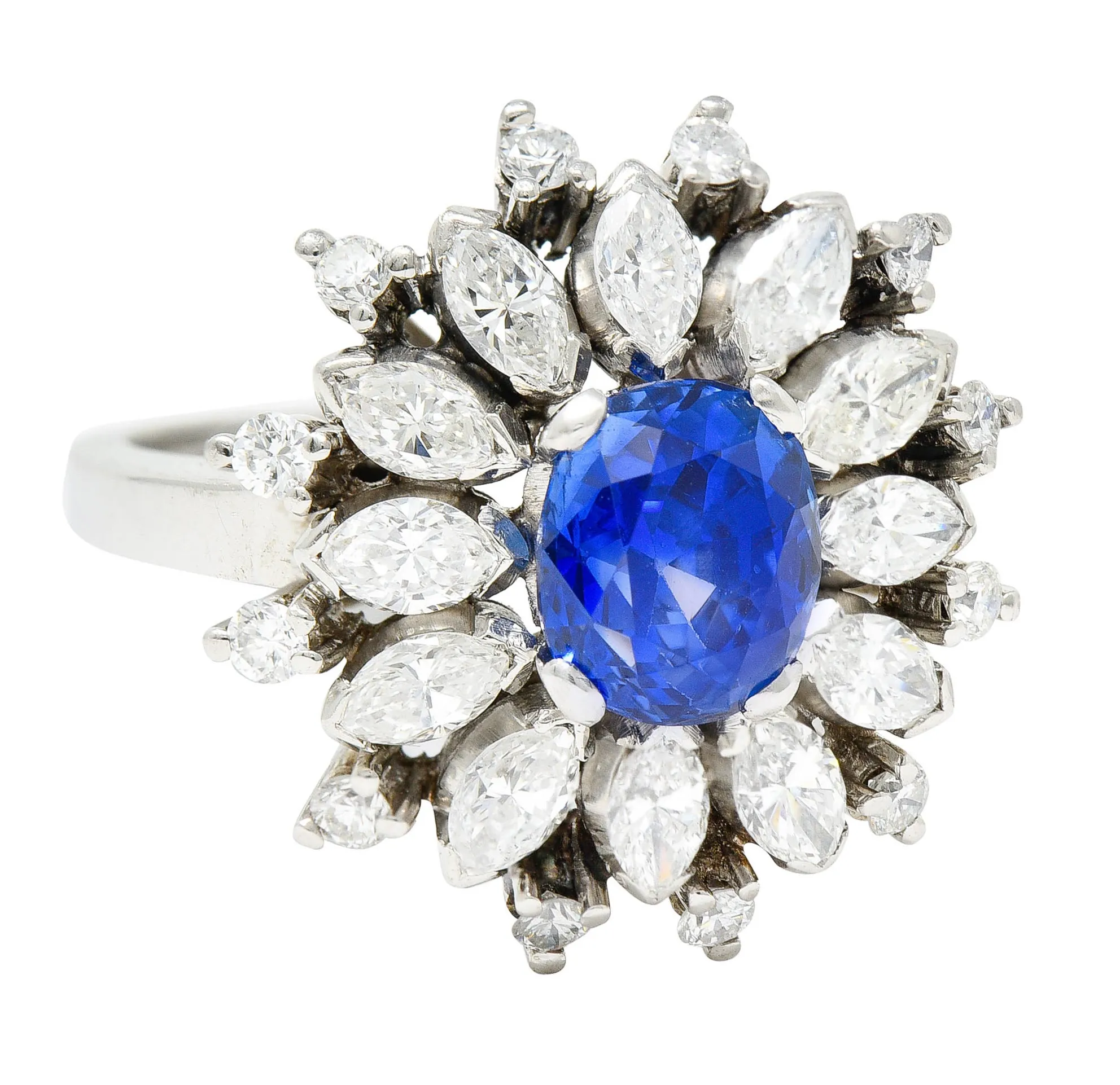 Mid-Century 3.91 CTW No Heat Ceylon Sapphire Diamond Platinum Cluster Ring GIA