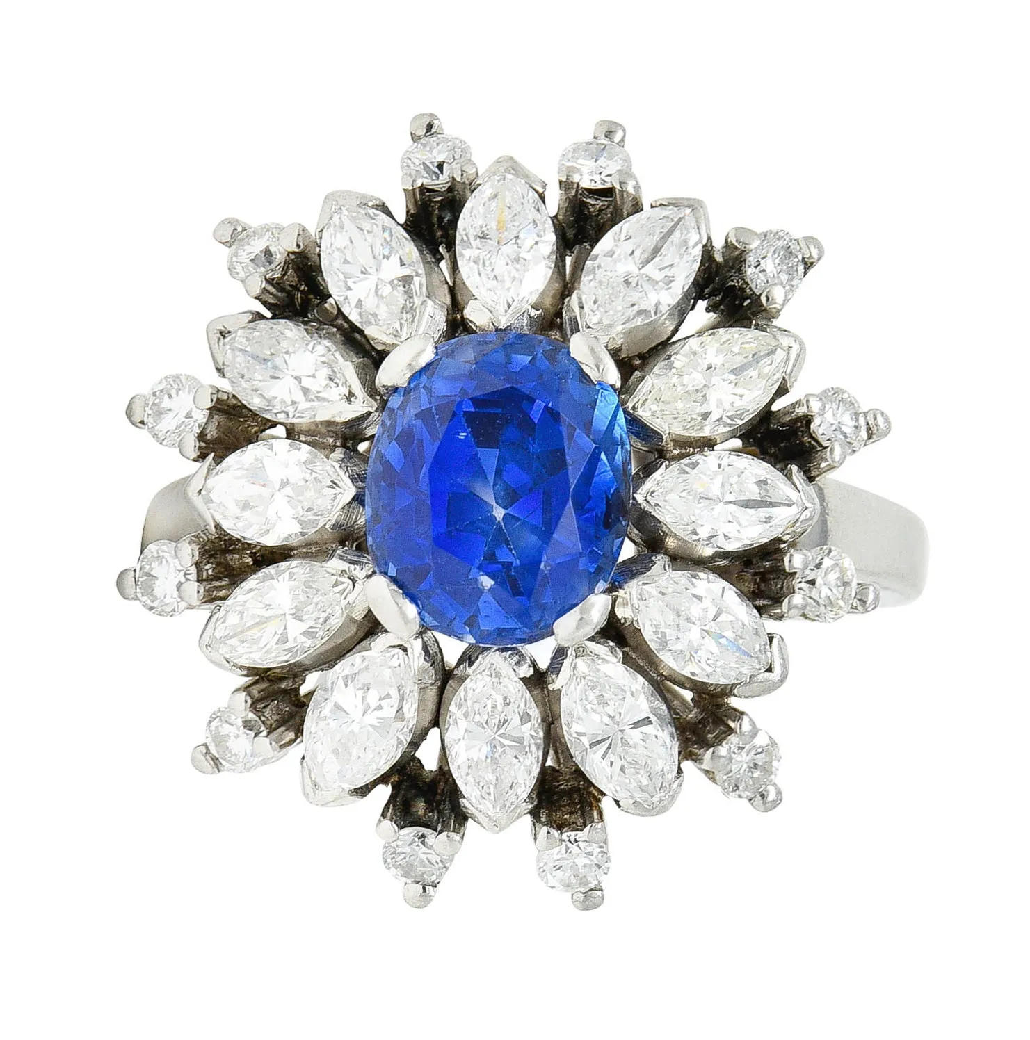 Mid-Century 3.91 CTW No Heat Ceylon Sapphire Diamond Platinum Cluster Ring GIA