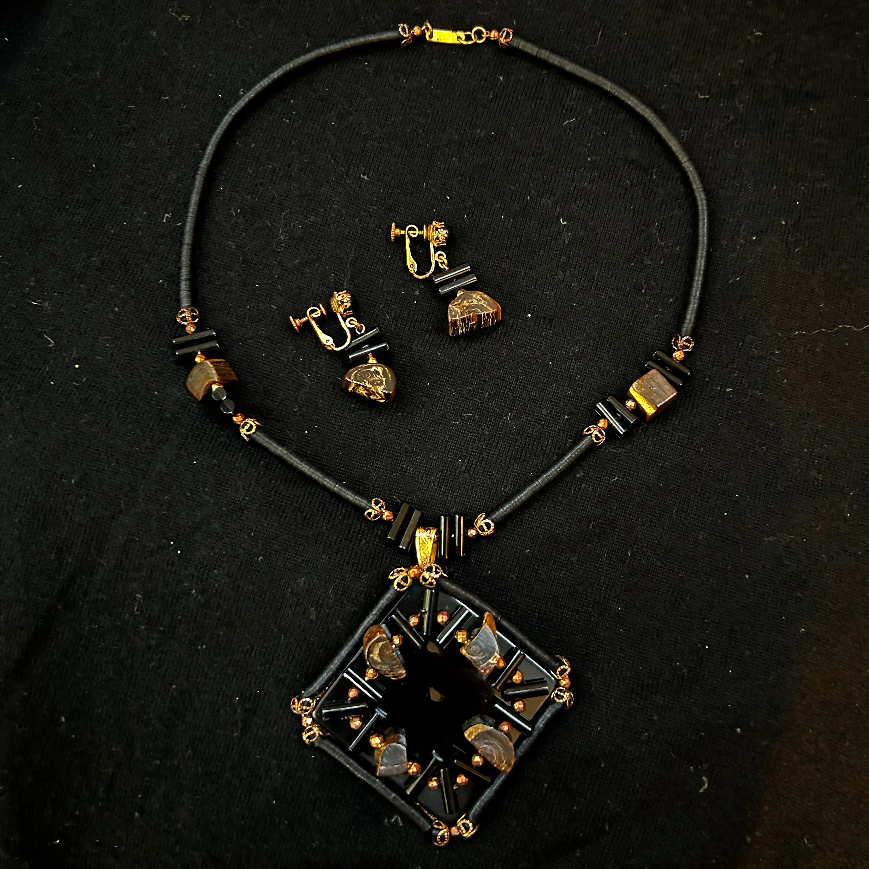 Miriam Haskell Vintage Dramatic Black Pendant Necklace & Earrings