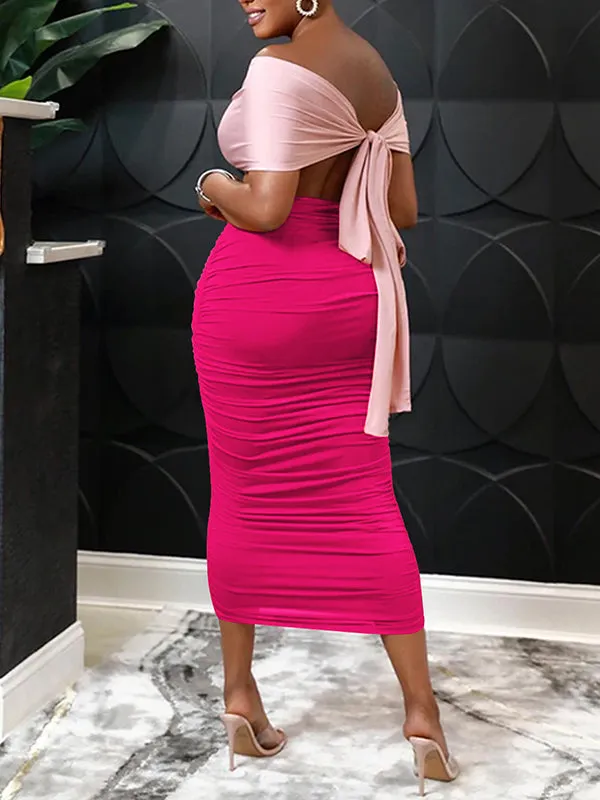 Momnfancy Patchwork Cut Out Backless Ruched Bodycon Bowknot Boat Neck Elegant Evening Gowns Baby Shower Maternity Maxi Dress