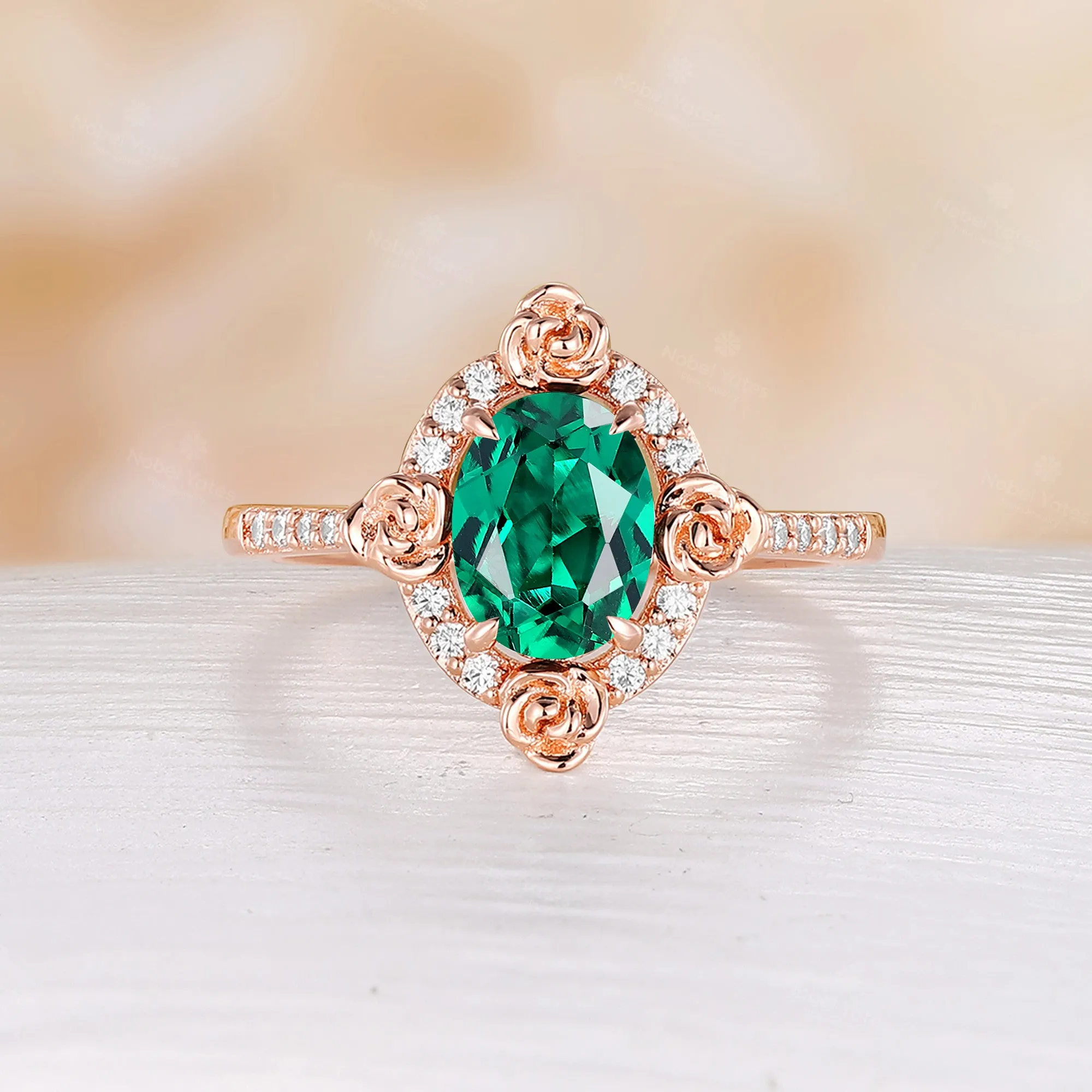 Nature Flower Oval Shape Lab Emerald Moissanite Halo Engagement Ring