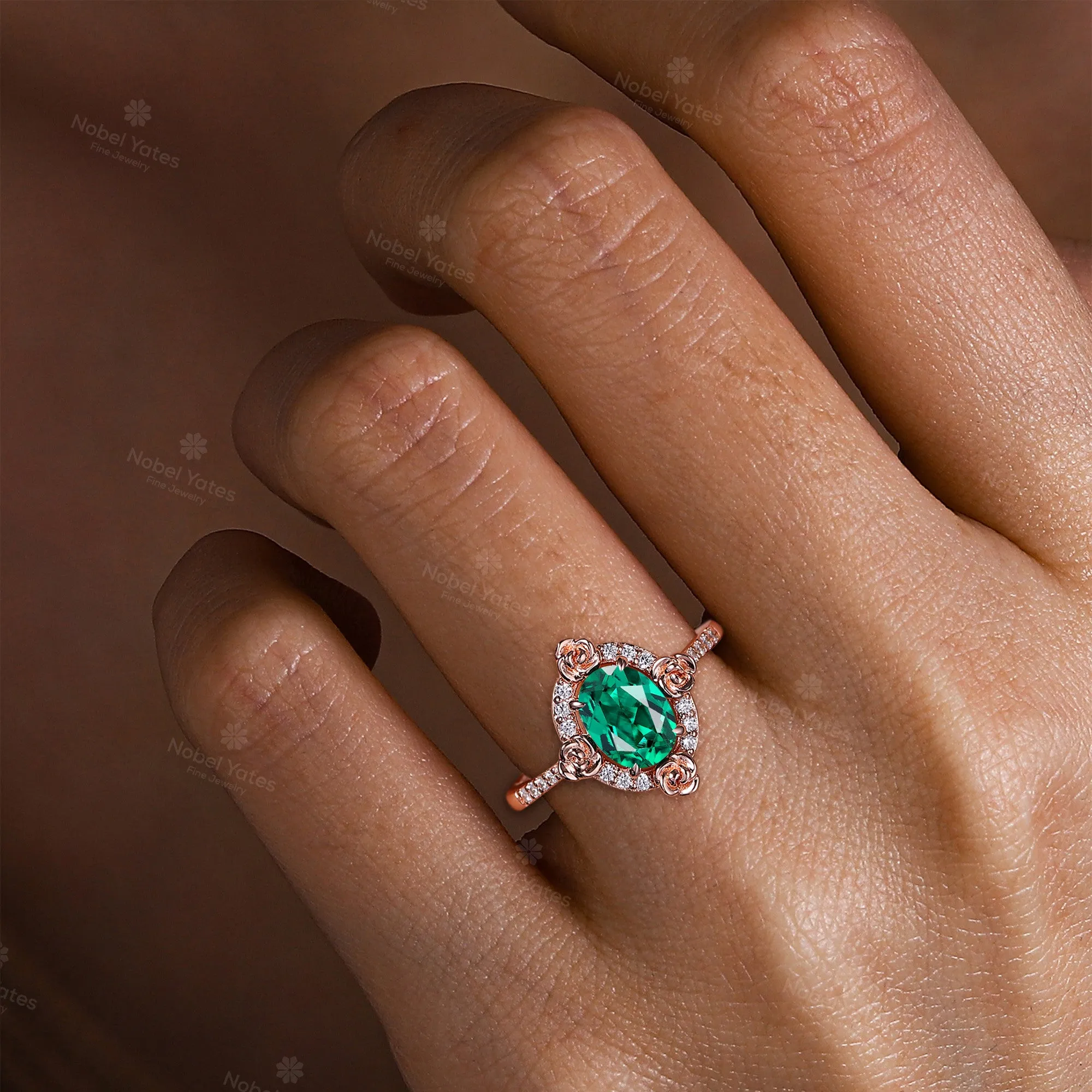 Nature Flower Oval Shape Lab Emerald Moissanite Halo Engagement Ring