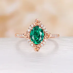 Nature Flower Oval Shape Lab Emerald Moissanite Halo Engagement Ring