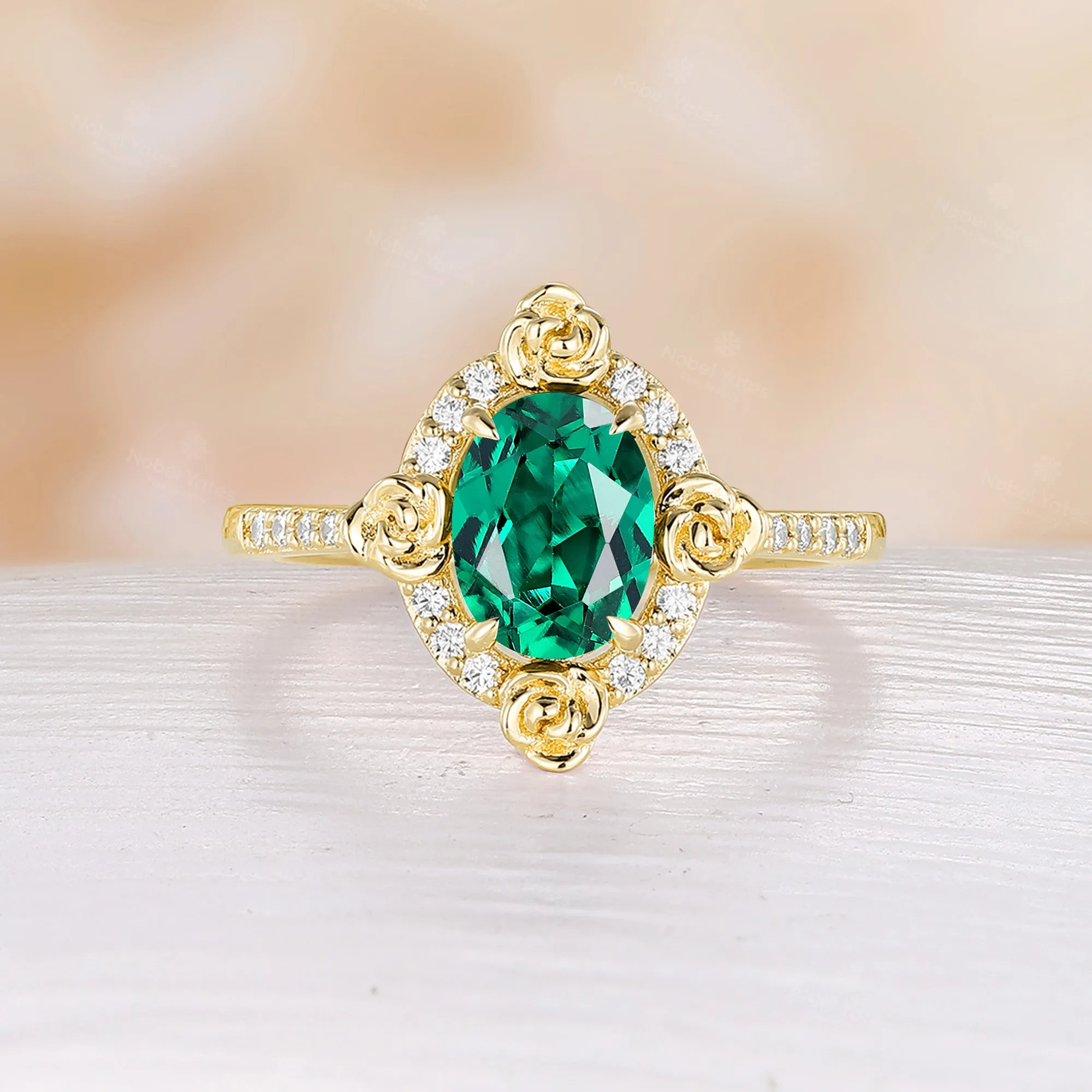 Nature Flower Oval Shape Lab Emerald Moissanite Halo Engagement Ring