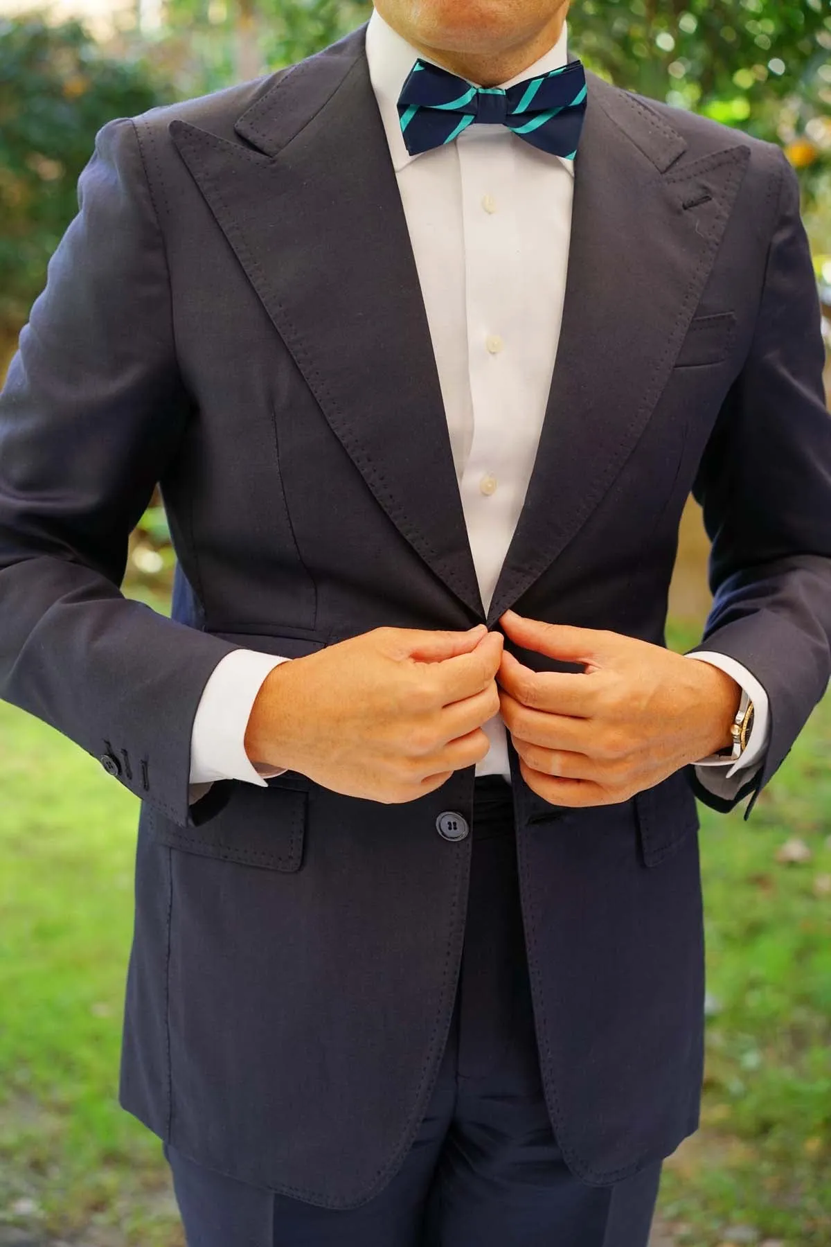 Navy Blue Bow Tie with Teal Stripe