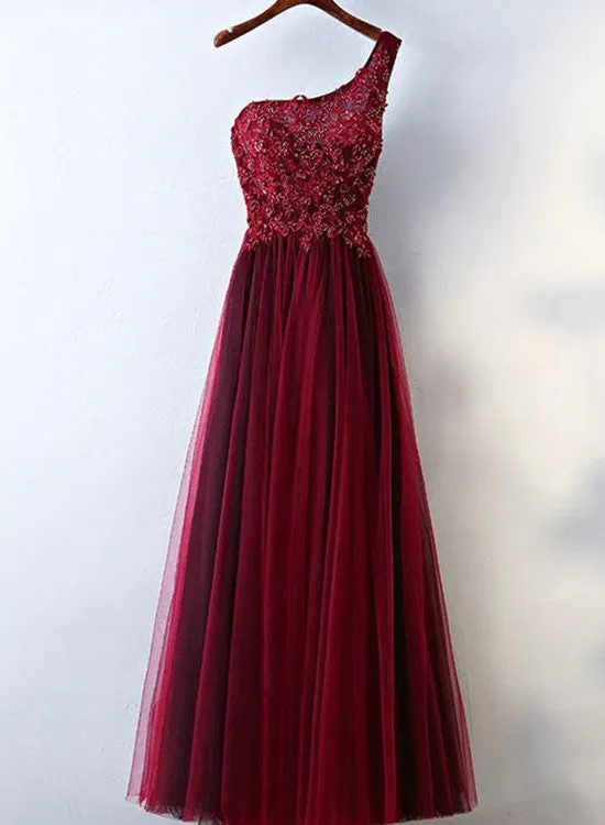 One Shoulder Burgundy Party Gowns, Charming Formal Gowns, Prom Dress