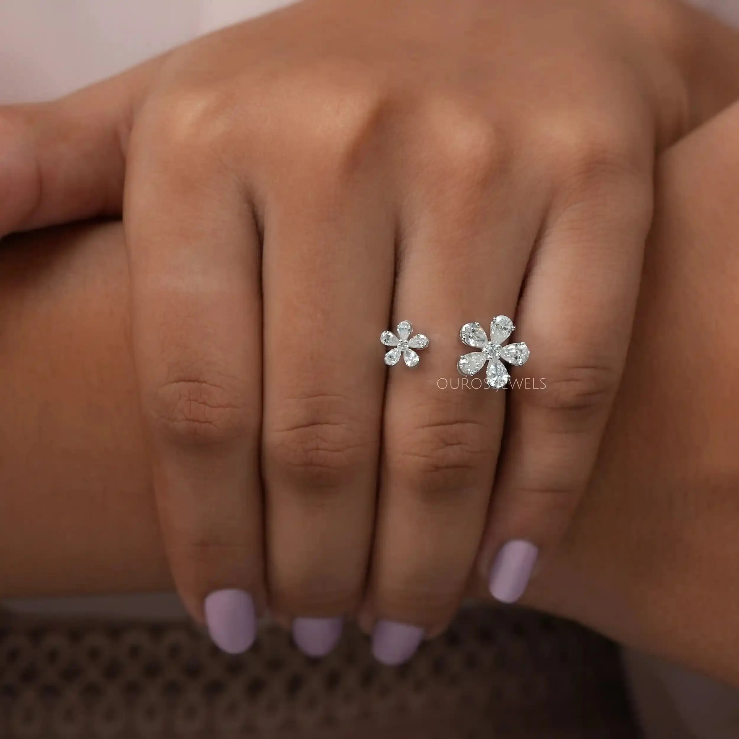 Pear Cut Flower Shape Open Cuff Ring