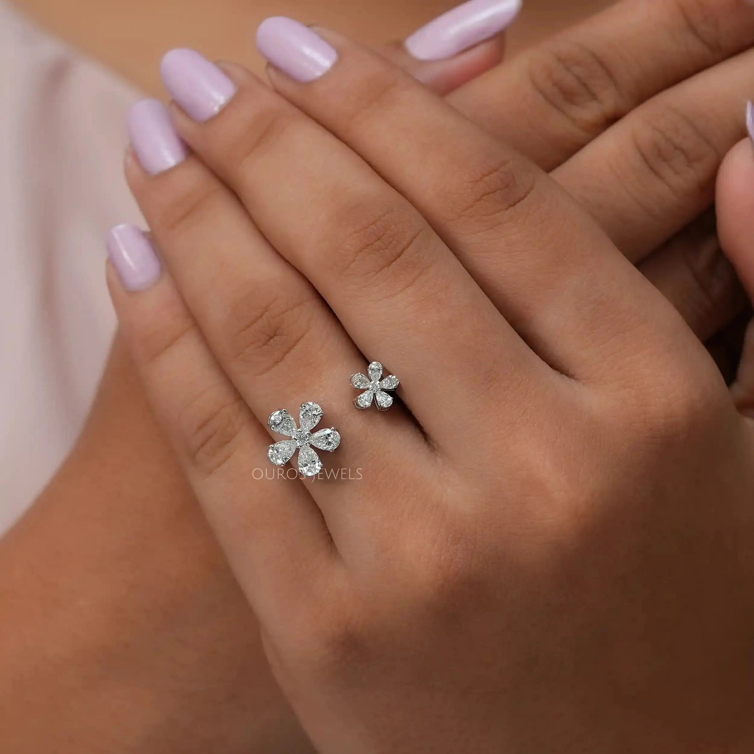 Pear Cut Flower Shape Open Cuff Ring