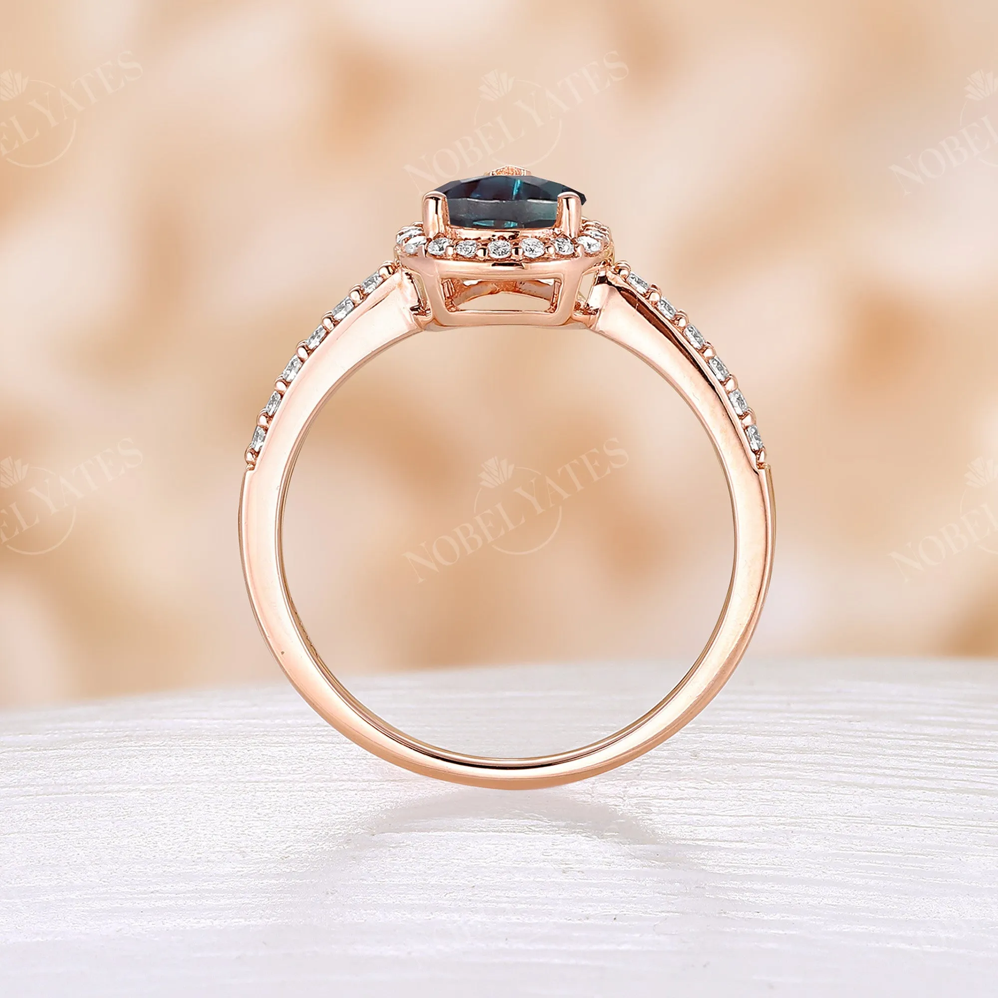 Pear Cut Lab Alexandrite Rose Gold Halo Engagement Ring