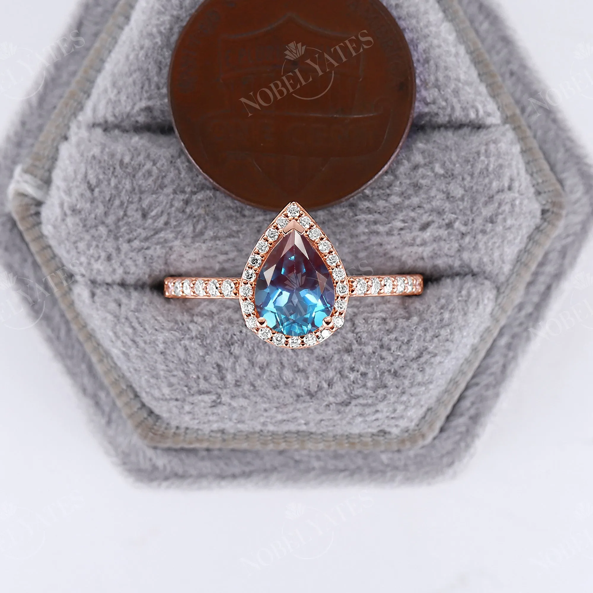 Pear Cut Lab Alexandrite Rose Gold Halo Engagement Ring