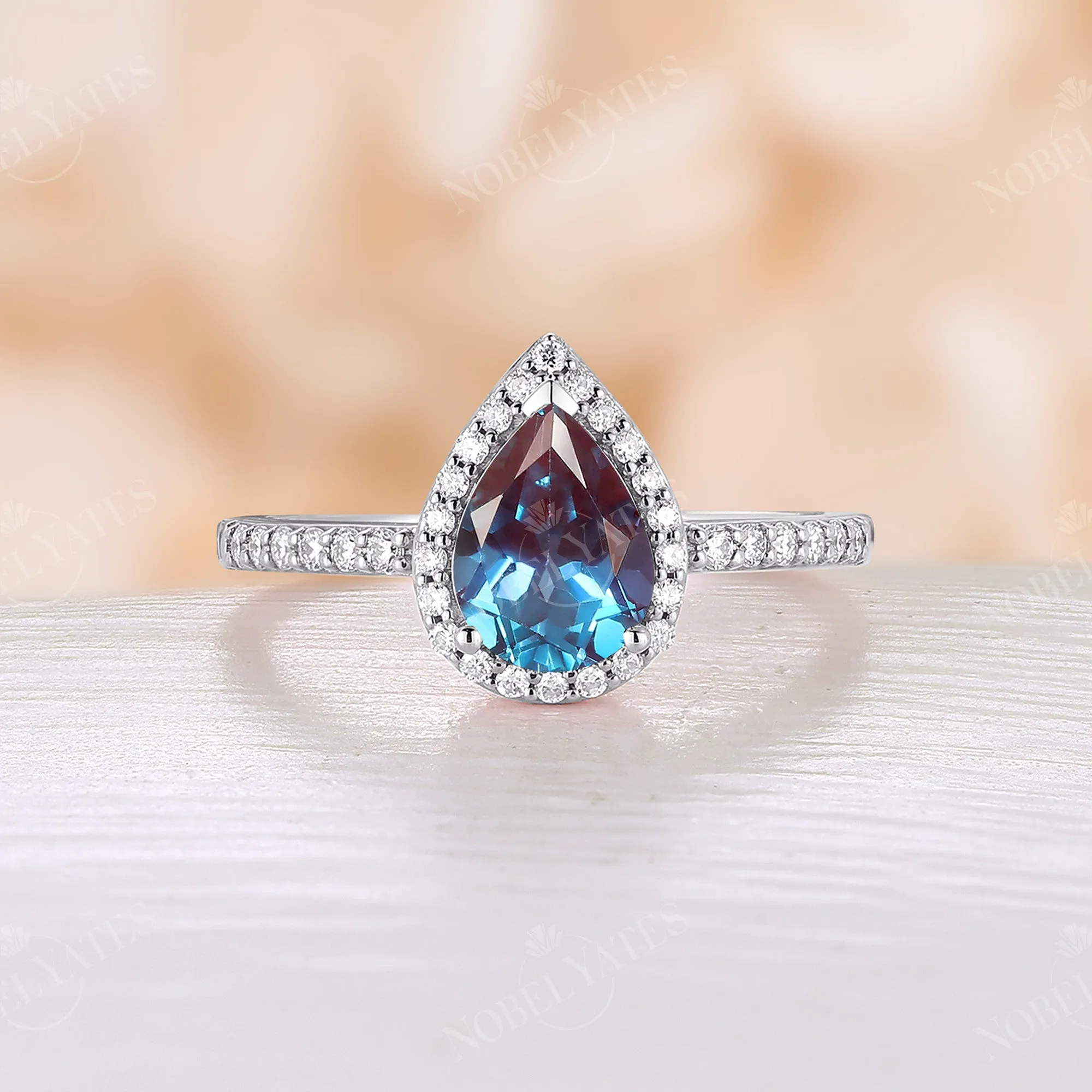 Pear Cut Lab Alexandrite Rose Gold Halo Engagement Ring