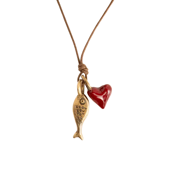 Pesci Che Volano Scorfano Fish and Red Heart Bronze Pendant