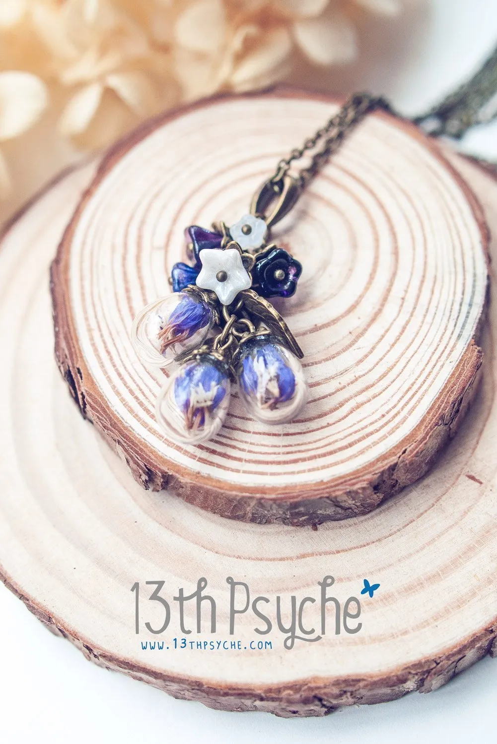 Real purple dried flowers orb bouquet necklace