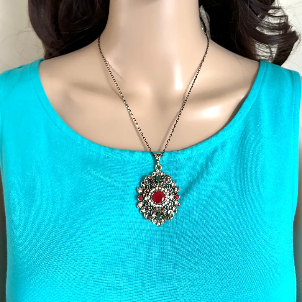 Red and Green Stone Ornate Gold Pendant Necklace