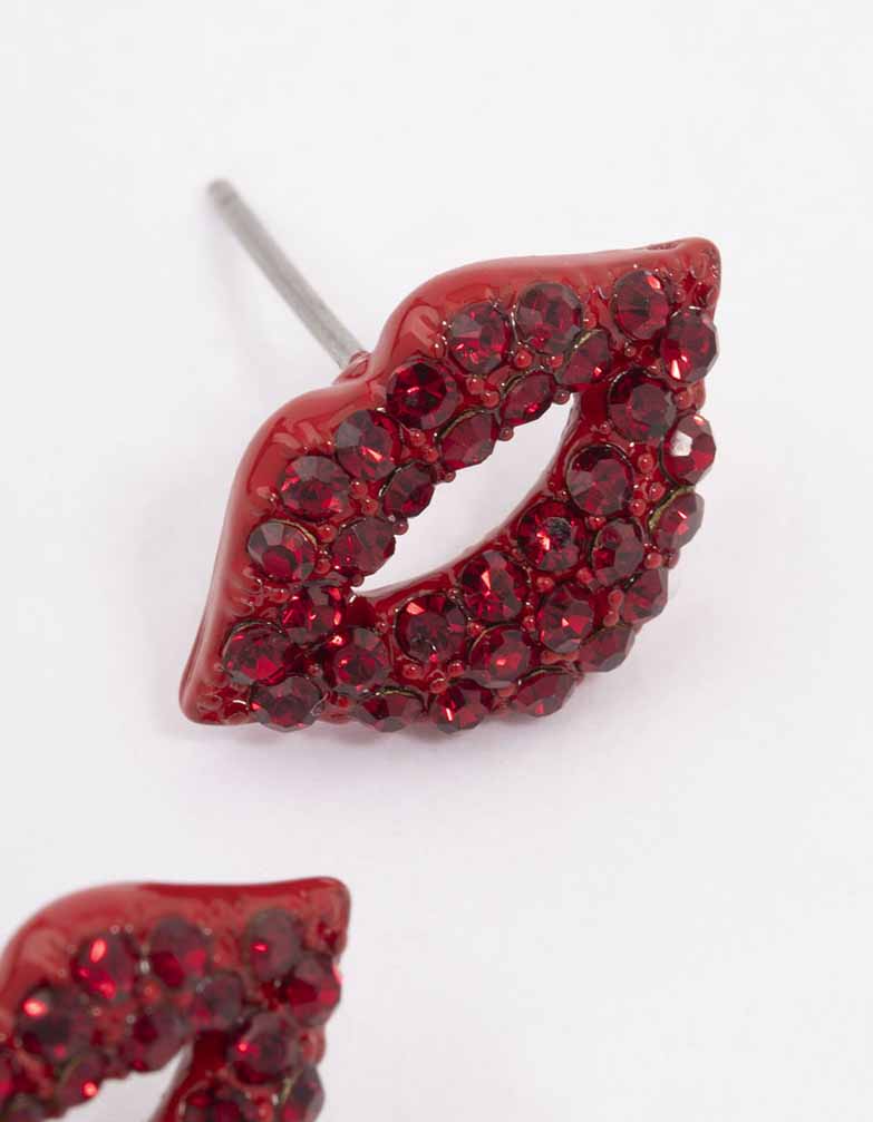 Red Bling Diamante Lip Stud Earrings