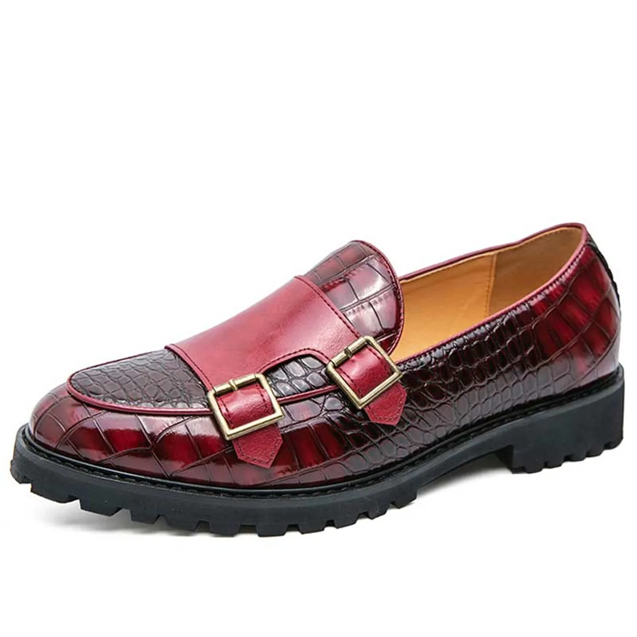 Red croc skin pattern monk strap slip on dress shoe 2695