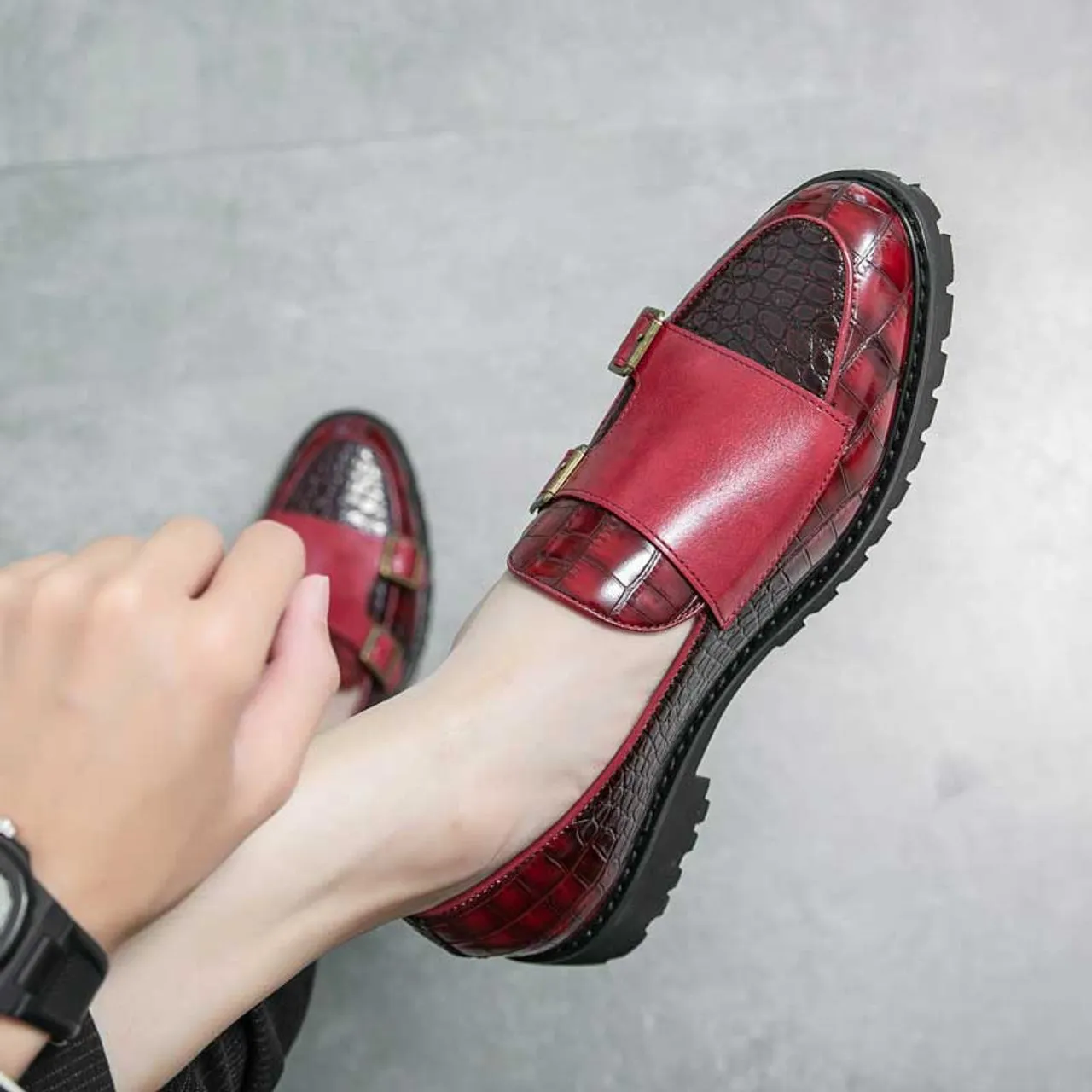 Red croc skin pattern monk strap slip on dress shoe 2695