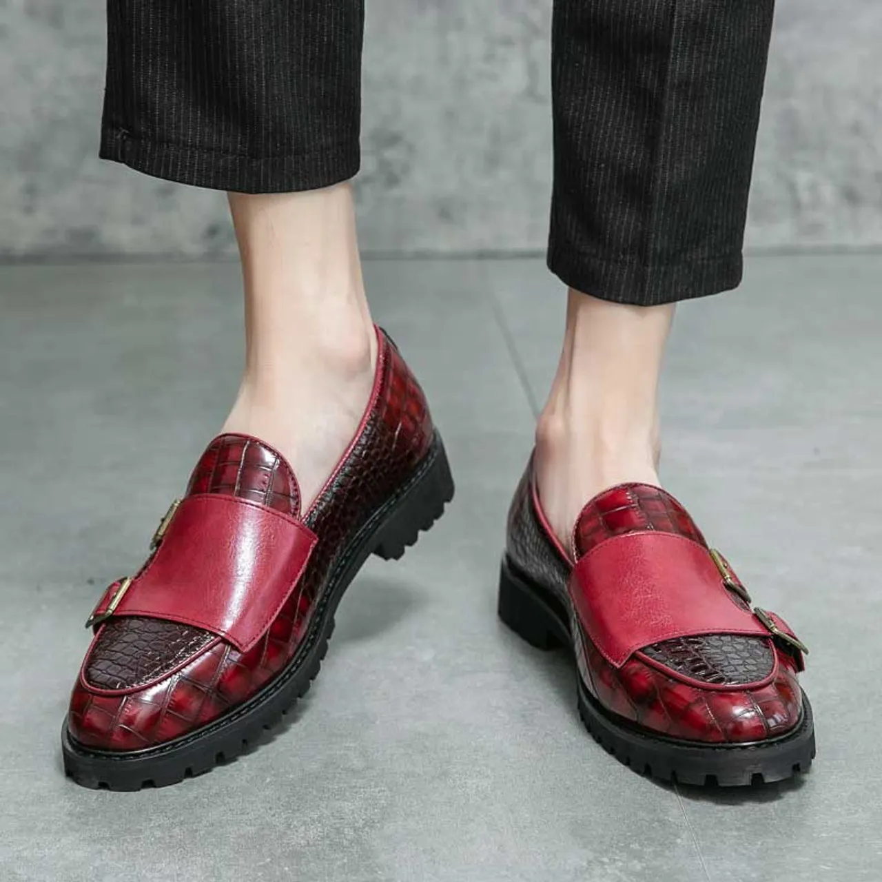 Red croc skin pattern monk strap slip on dress shoe 2695