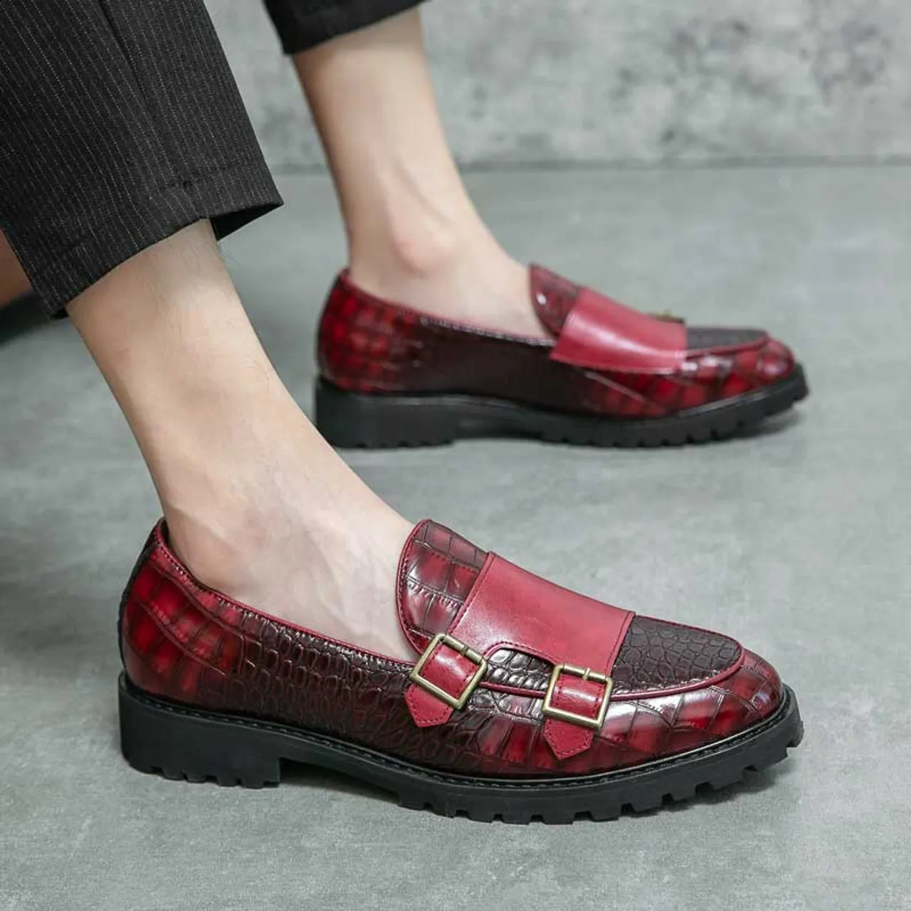 Red croc skin pattern monk strap slip on dress shoe 2695