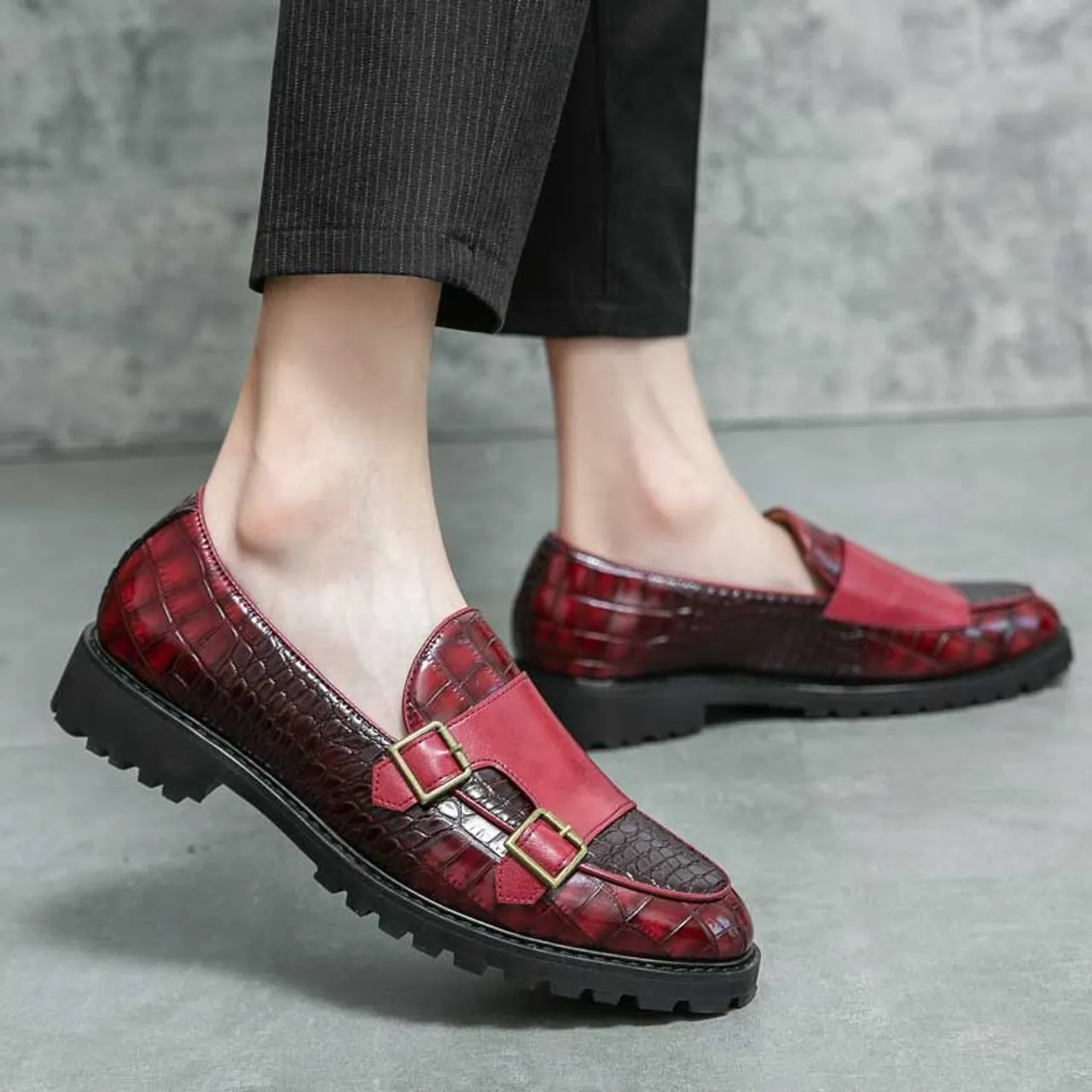 Red croc skin pattern monk strap slip on dress shoe 2695