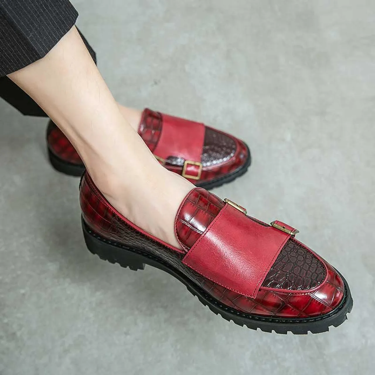 Red croc skin pattern monk strap slip on dress shoe 2695